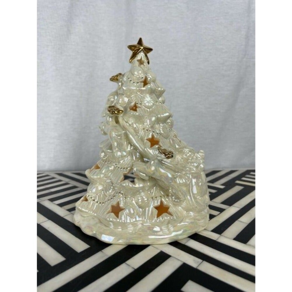 Vintage Iridescent Ceramic Christmas Tree Tealight Holder – Gold Star Accents
